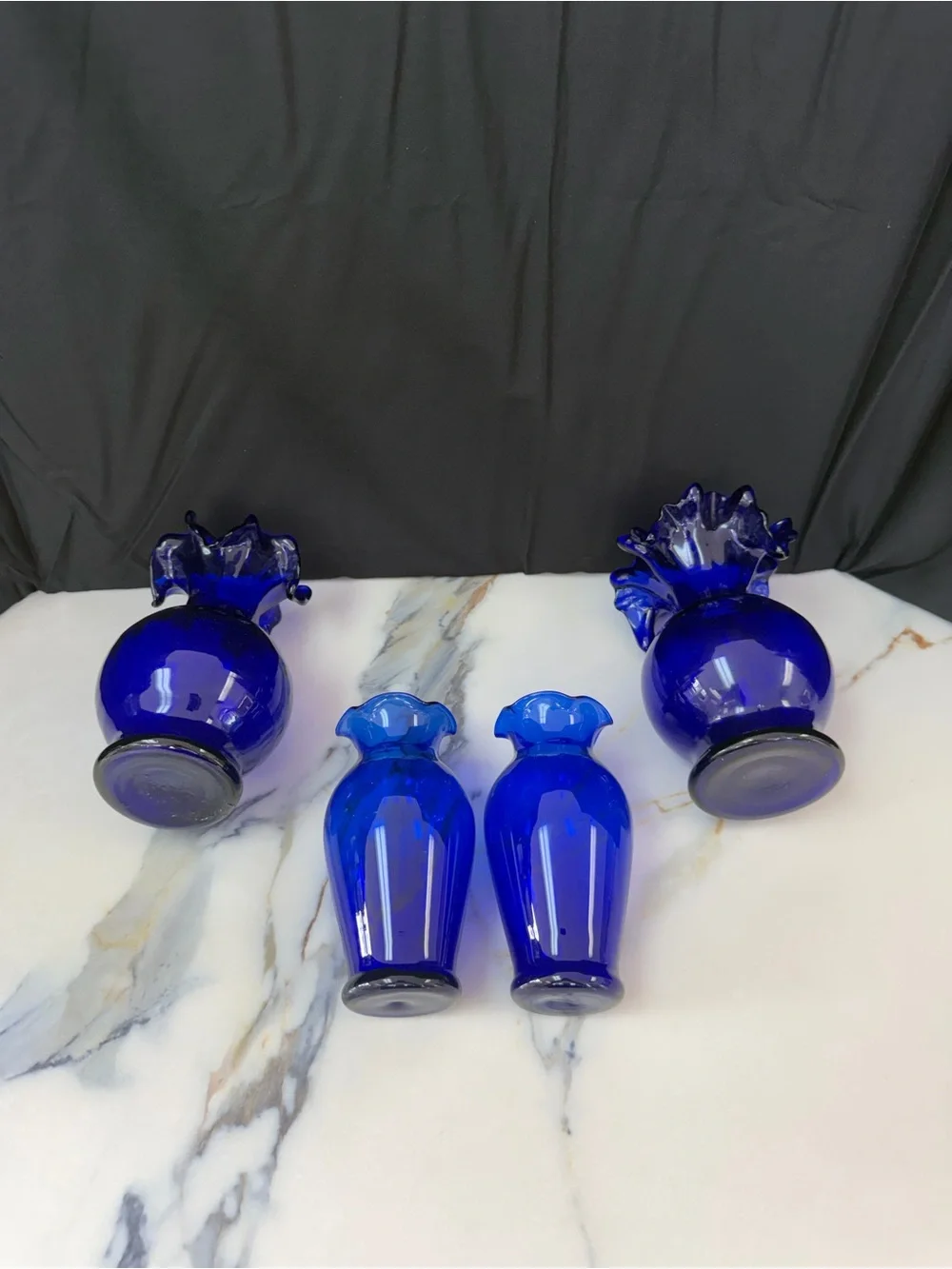 Vintage Cobalt Blue Art Glass Vase Set - 4 Piece Ruffled & Crimped Vase Bundle